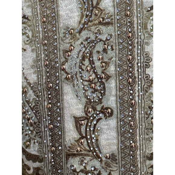 Dressbarn Woman size 1X beige print rhinestone embellished long sleeve top - Picture 2 of 7